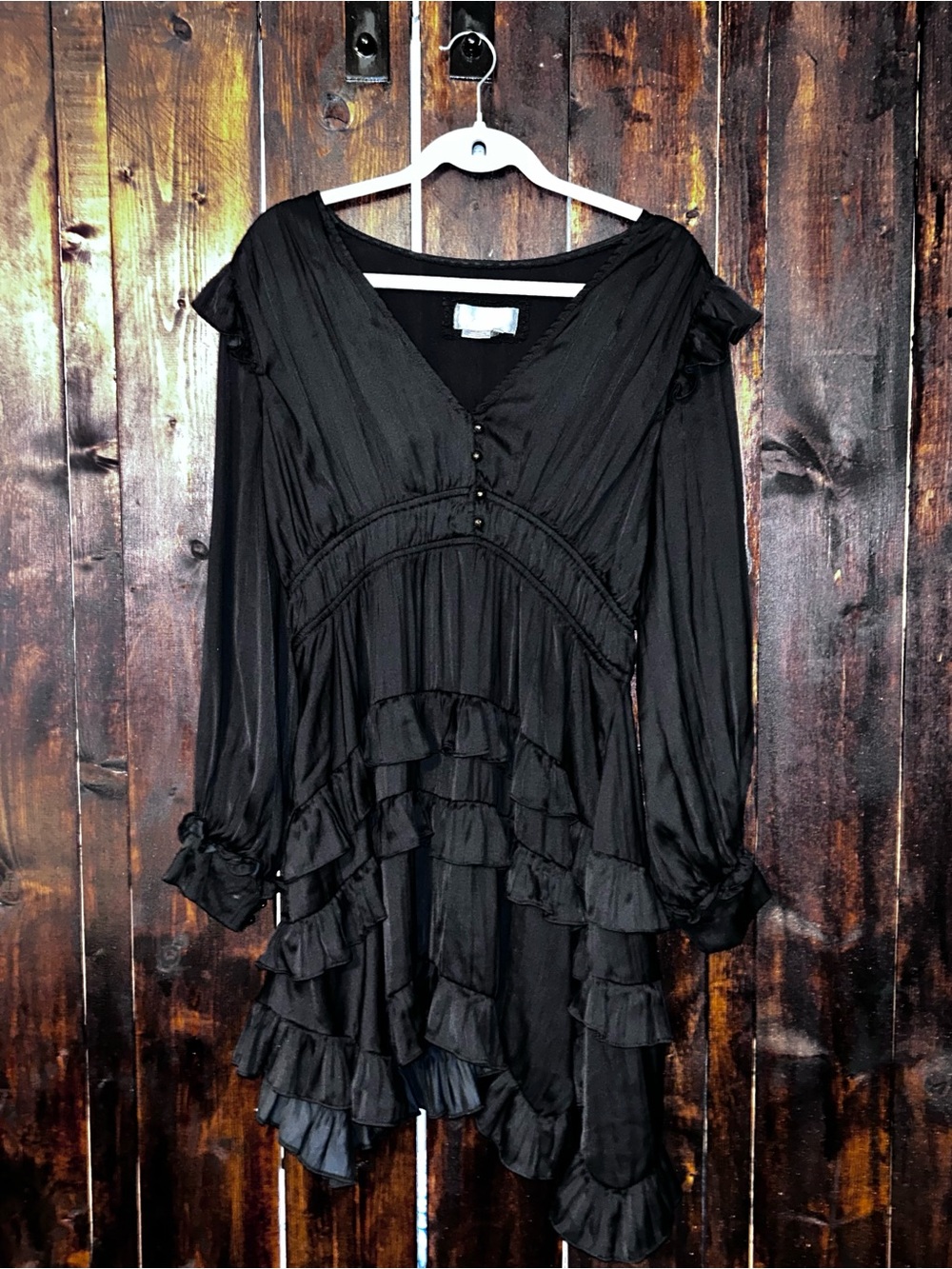 Anthropologie Black Ruffle V-Neck Long Sleeve Dress - LP